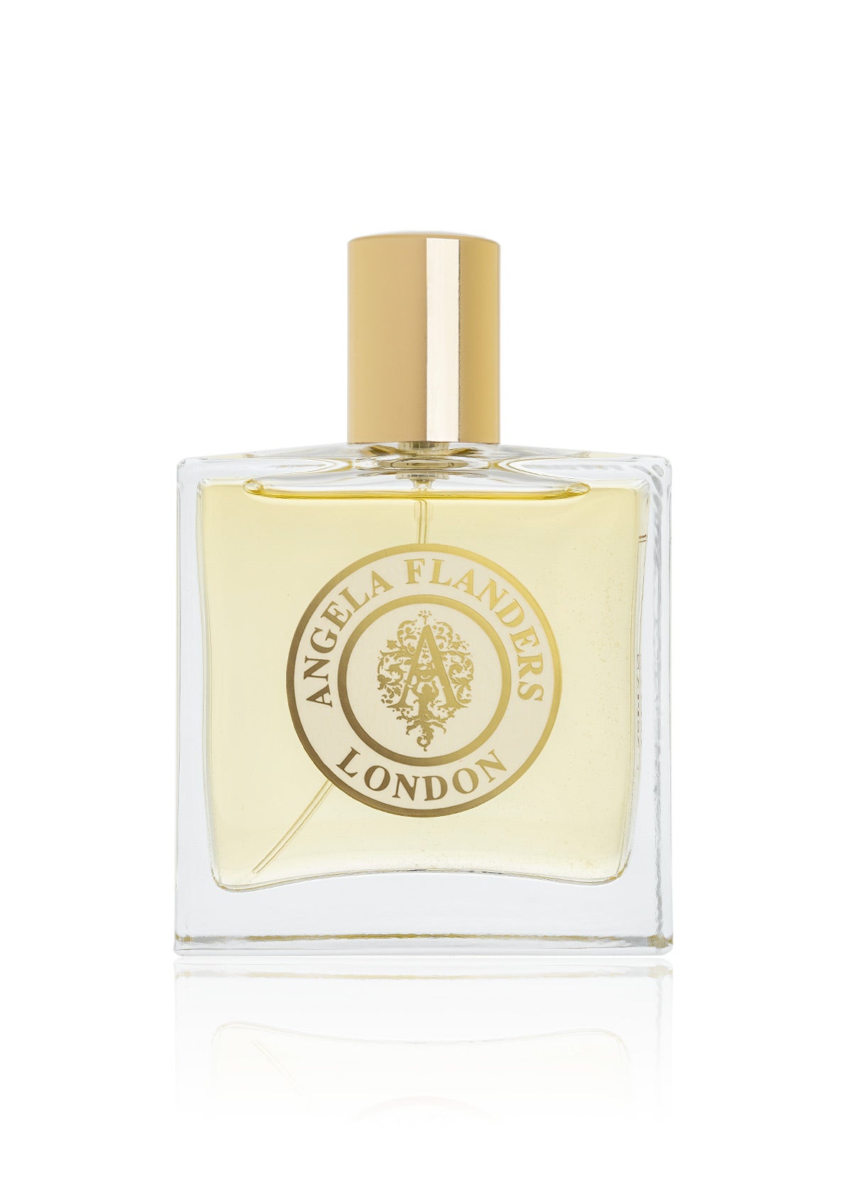 Perfume bottle with gold cap and label on a white background